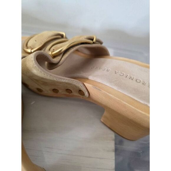 Veronica Beard Halifax Suede Dual Buckle Open Toe High Heel Clog Shoe In Desert - Picture 5 of 9